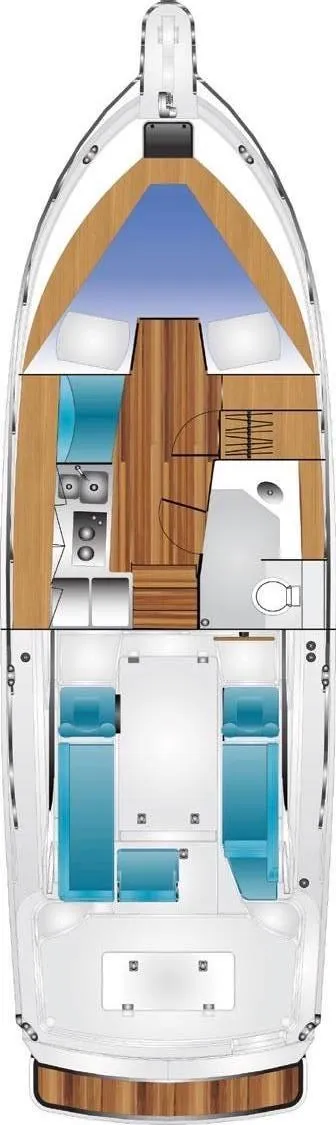 Slide: The Image of Top view of a 2016 Marlow Pilot 31 boat layout with interior details. - 34