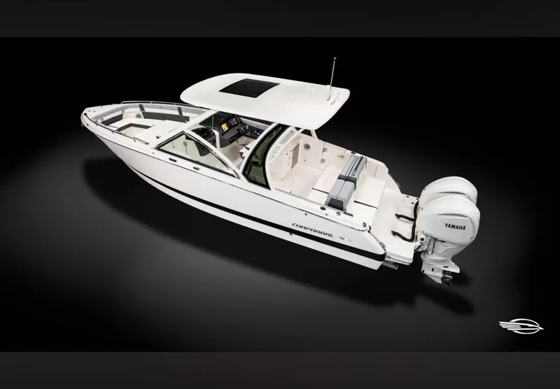 Slide: The Image of 2024 Chaparral 310 OSX boat with Yamaha engines, top view. - 12