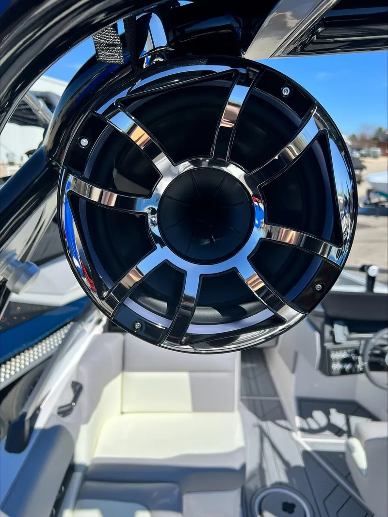Slide: The Image of Close-up of a 2024 Moomba Craz boat's premium speaker system. - 19
