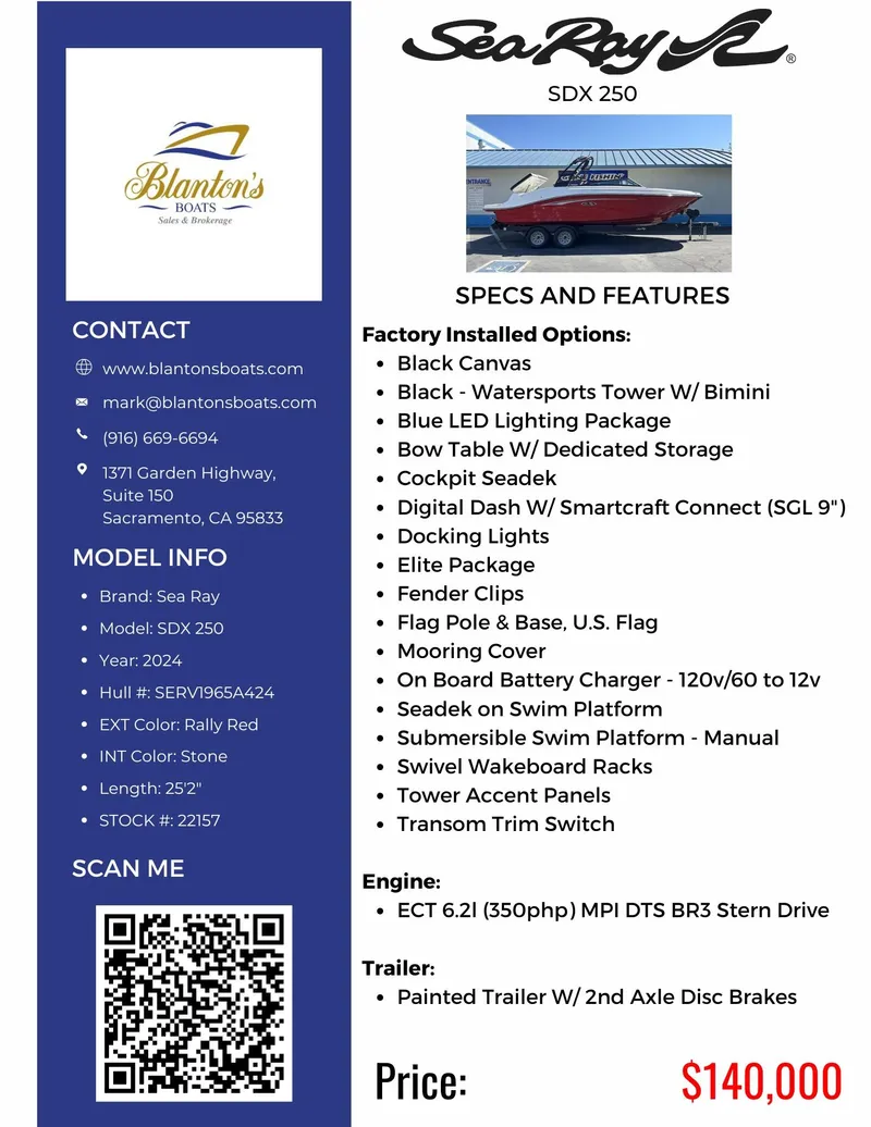 Slide: The Image of 2024 Sea Ray SDX 250 boat brochure with specs, features, and $140,000 price. - 46