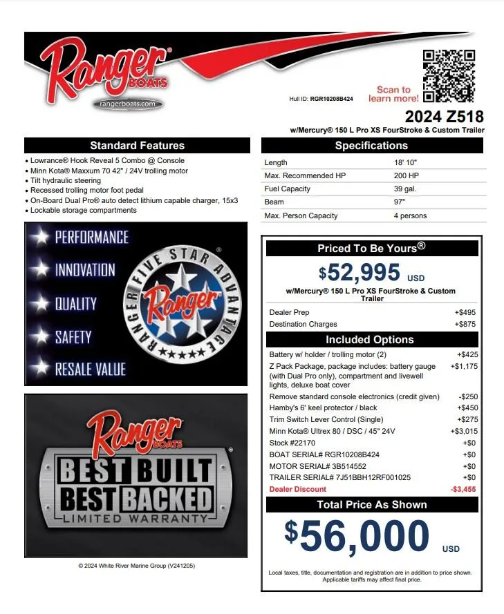 Slide: The Image of 2024 Ranger Z518 boat brochure with specifications, pricing, and warranty details. - 13