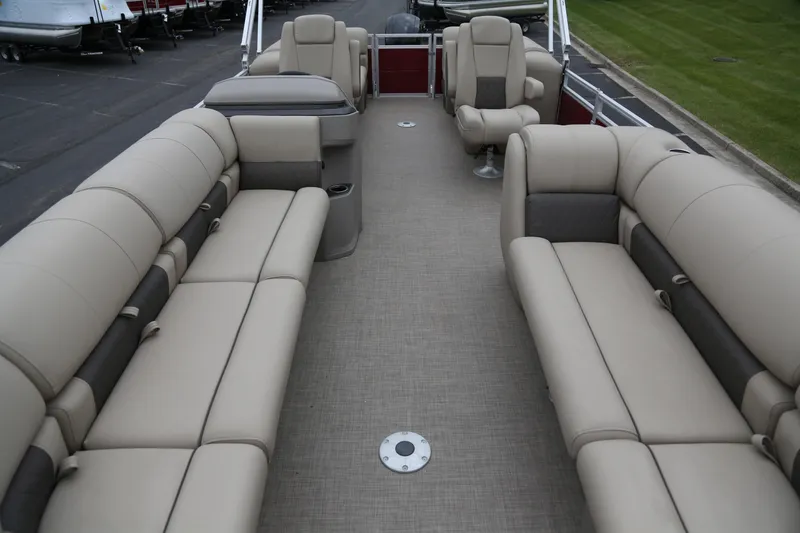 Slide: The Image of 2024 Sun Tracker Party Barge 24 DLX with spacious seating and modern design. - 2