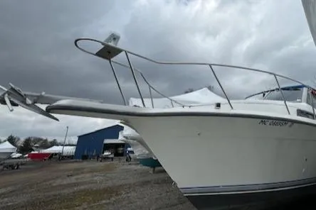 The Image of 1993 Carver 280 Express boat on land under cloudy sky. - 1