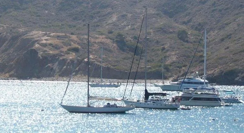 Slide: The Image of Sailboats, including a 1967 Columbia Yacht 50, anchored in a scenic bay. - 62