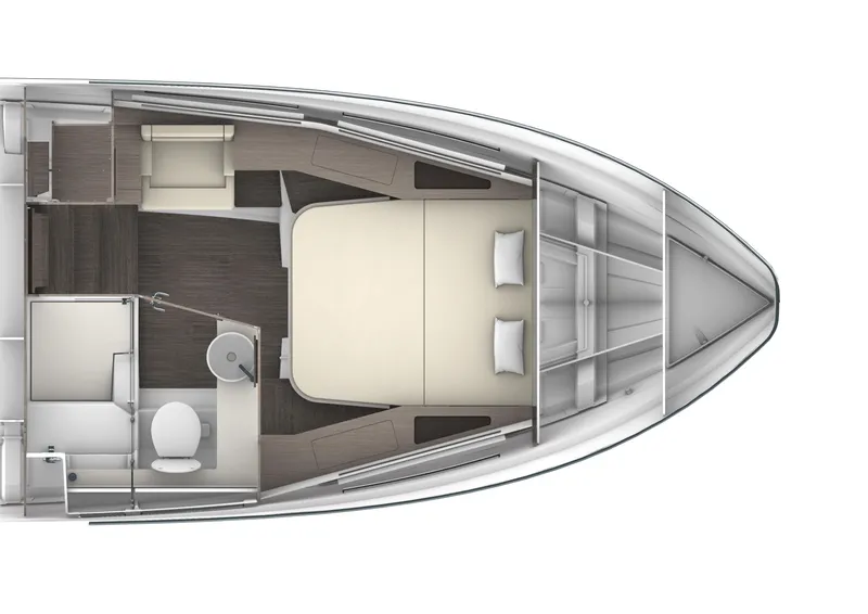 Slide: The Image of 2025 Wellcraft 38 Explorer cabin layout with bed, seating, and bathroom. - 13