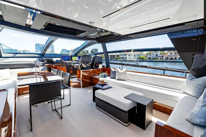 Slide: The Image of Luxurious interior of 2025 Riva 76' Perseo Super yacht with modern furnishings and waterfront view. - 45