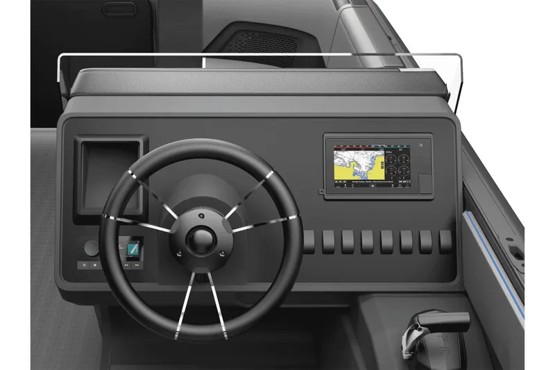 Slide: The Image of 2024 Manitou 22 CRUISE boat dashboard with steering wheel and navigation system. - 4