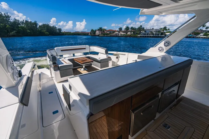 Slide: The Image of 2021 Tiara Sport 43 LS luxury yacht interior with waterfront view. - 26