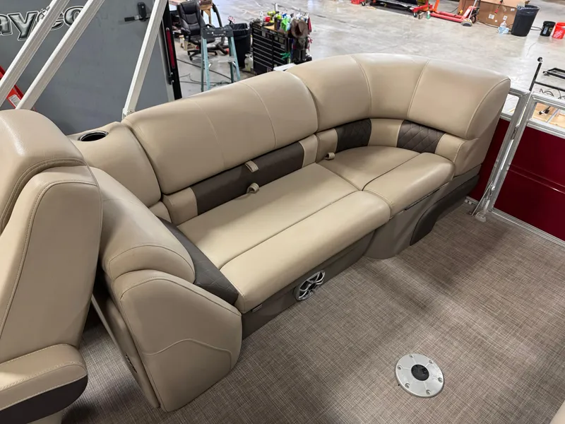 Slide: The Image of 2024 Sun Tracker Party Barge 22 XP3 interior seating, beige upholstery, spacious and comfortable design. - 6