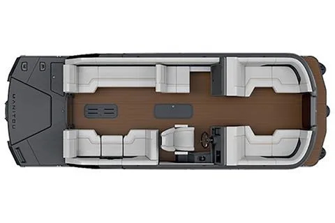 Slide: The Image of 2024 Manitou 24 Explore pontoon boat interior layout, top view. - 2
