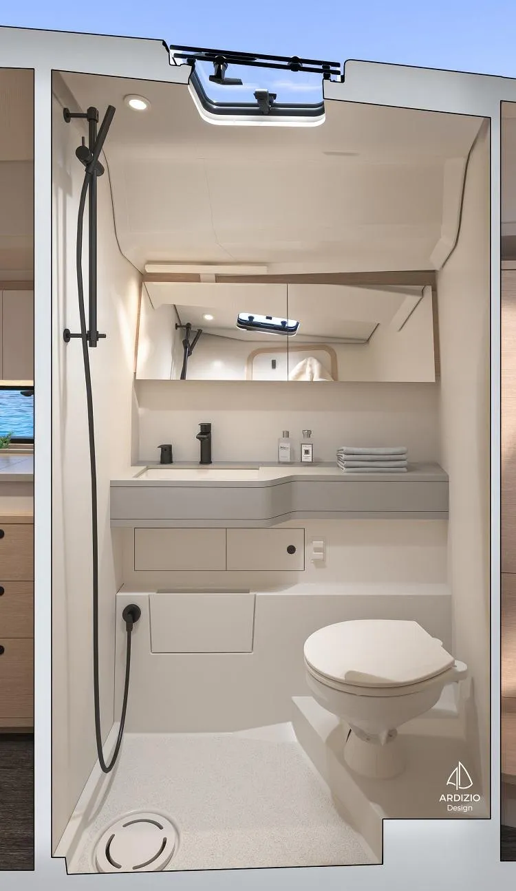 Slide: The Image of Modern bathroom interior of Dufour 44 yacht with shower and toilet. - 16