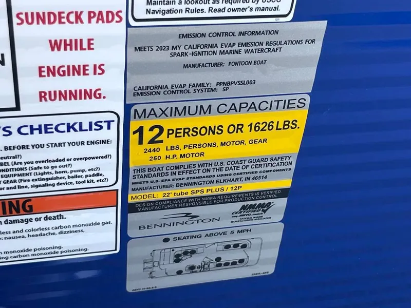Slide: The Image of 2024 Bennington 22SVL-SPS capacity label, 12 persons or 1626 lbs, 250 HP motor. - 40
