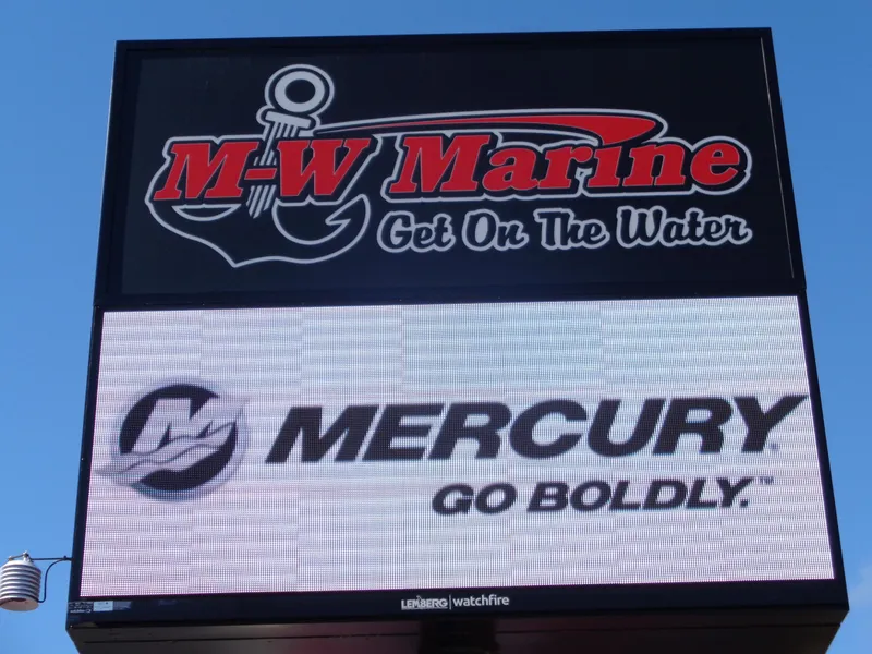 Slide: The Image of 2024 Ranger 1850 Reata boat advertisement at M-W Marine with Mercury logo. - 19