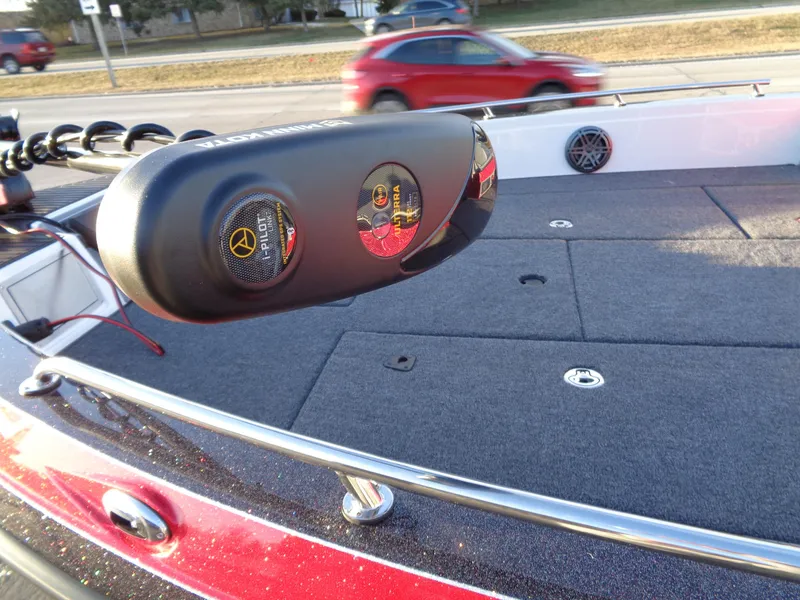 Slide: The Image of 2024 Ranger 621 FS PRO boat deck with trolling motor and storage compartments. - 25