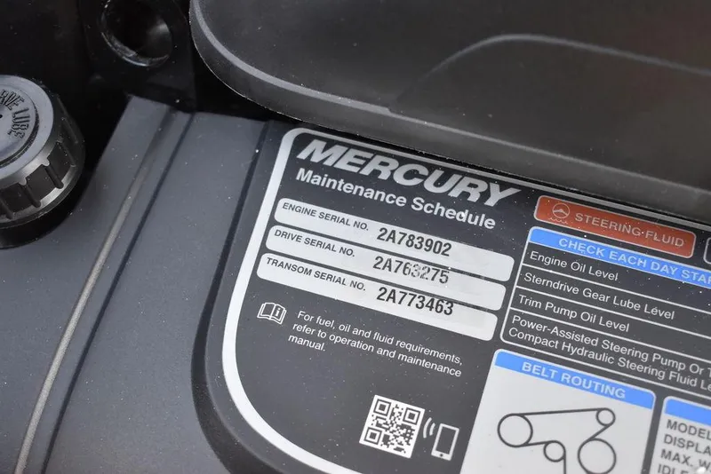 Slide: The Image of Mercury maintenance schedule label on a 2024 Monterey 224FS boat. - 35