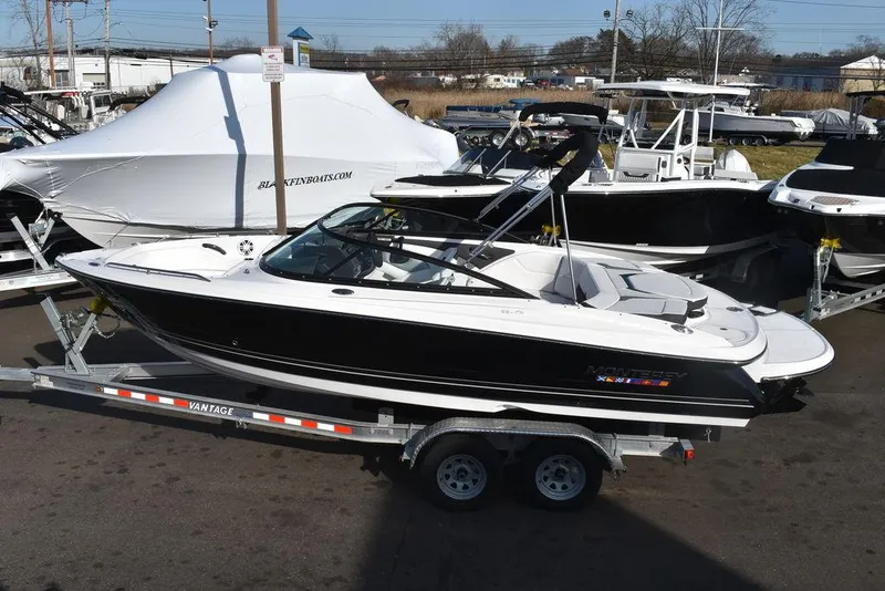 Slide: The Image of 2024 Monterey 224FS boat on trailer in marina. - 4