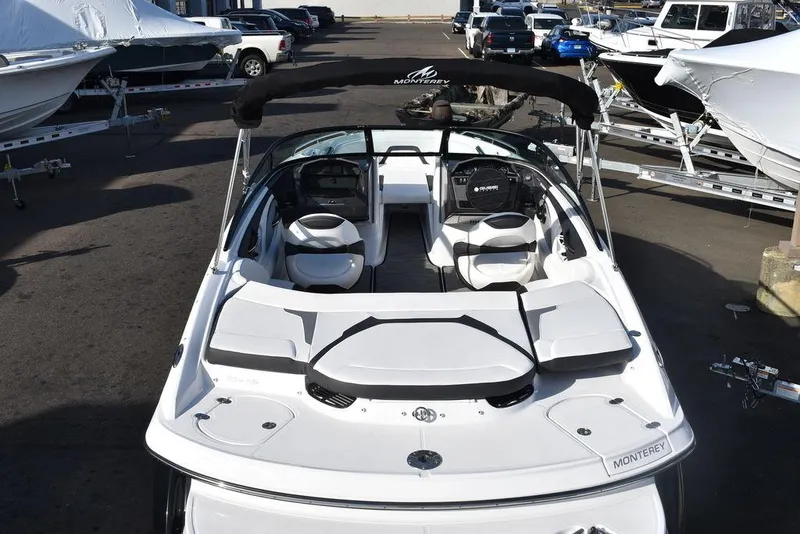 Slide: The Image of 2024 Monterey 224FS boat, rear view, white exterior, docked at marina. - 6