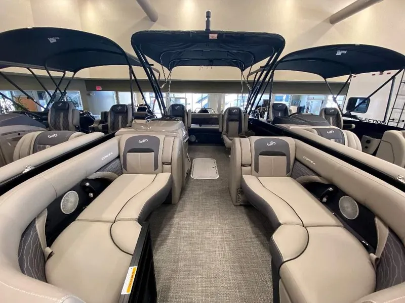 Slide: The Image of 2024 Barletta Corsa Ultra-Lounge 23UCA interior with luxurious seating and canopy. - 6