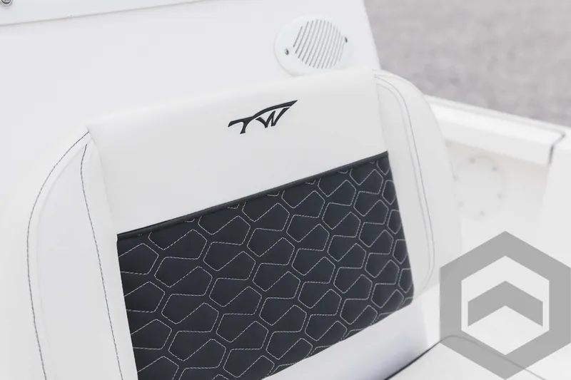 Slide: The Image of 2023 Tidewater 1910 Bay Max boat seat with logo and hexagonal pattern. - 27