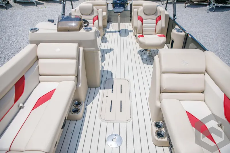 Slide: The Image of 2023 SunCatcher Select 322RC pontoon boat with beige and red seating. - 20