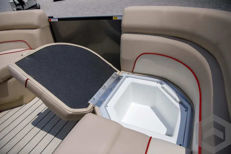 Slide: The Image of 2023 SunCatcher Select 322RC boat with open storage compartment. - 24