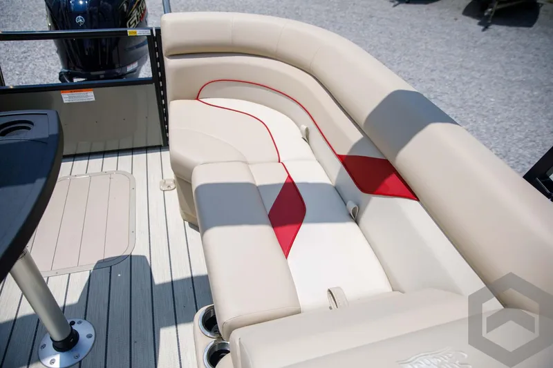 Slide: The Image of 2023 SunCatcher Select 322RC boat with beige and red cushioned seating. - 38