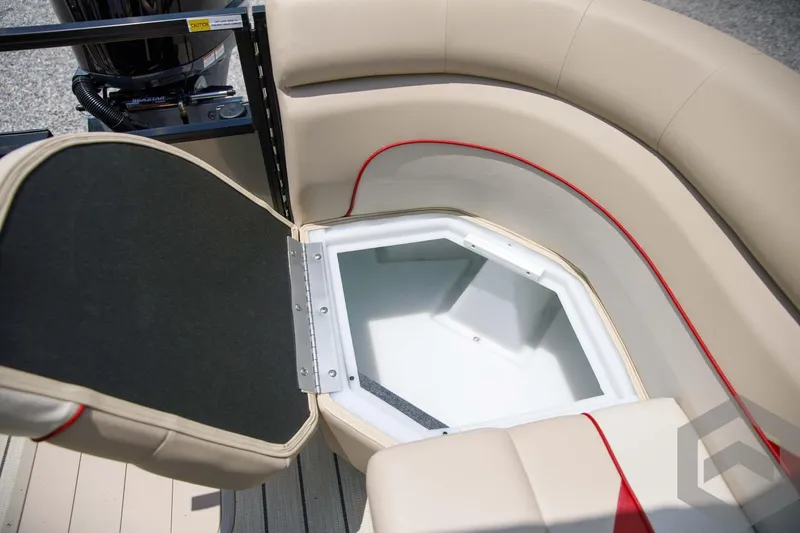 Slide: The Image of 2023 SunCatcher Select 322RC boat with open storage compartment in beige seating. - 40