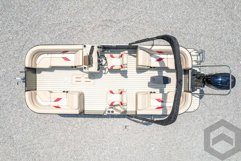 Slide: The Image of Aerial view of 2023 SunCatcher Select 322RC pontoon boat with beige and red seating. - 43