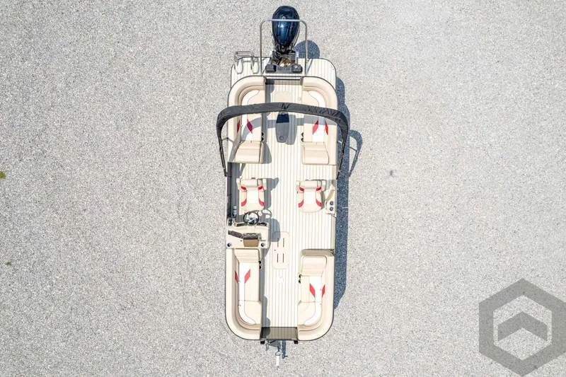 Slide: The Image of 2023 SunCatcher Select 322RC pontoon boat, aerial view, beige and red seating, outboard motor. - 45