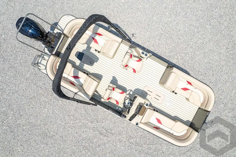 Slide: The Image of 2023 SunCatcher Select 322RC pontoon boat, aerial view, beige and red seating. - 46