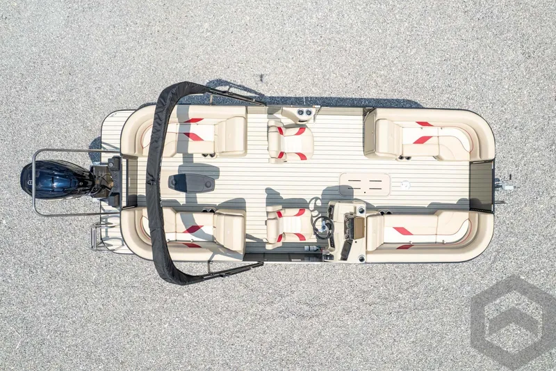 Slide: The Image of Top view of 2023 SunCatcher Select 322RC pontoon boat with beige and red seating. - 47