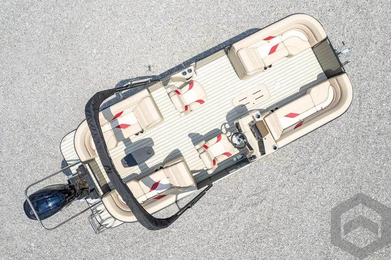 Slide: The Image of 2023 SunCatcher Select 322RC pontoon boat, top view, beige and red seating. - 48