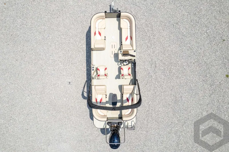 Slide: The Image of 2023 SunCatcher Select 322RC pontoon boat, aerial view, beige and red seating. - 49