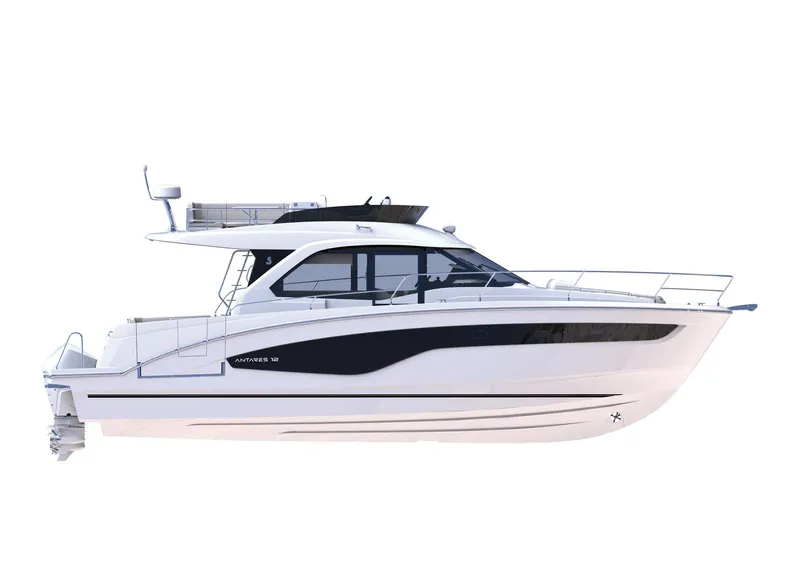 Slide: The Image of 2024 Beneteau Antares 12 motor yacht, sleek design, side view. - 17