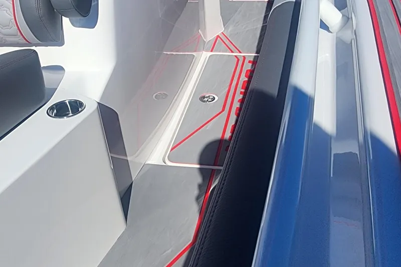 Slide: The Image of 2024 Fountain 38 SC boat interior with modern seating and sleek design. - 17