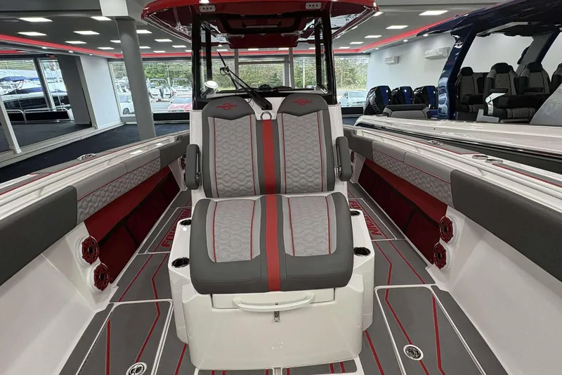 Slide: The Image of 2024 Fountain 38 SC boat interior with stylish seating and modern design. - 30