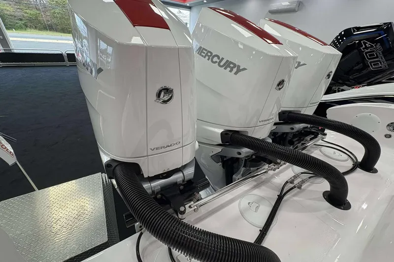 Slide: The Image of 2024 Fountain 38 SC boat with triple Mercury Verado outboard engines. - 46