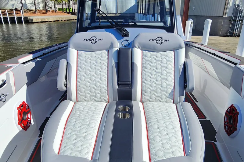 Slide: The Image of 2024 Fountain 38 SCX boat interior with luxurious seating and stylish design. - 27