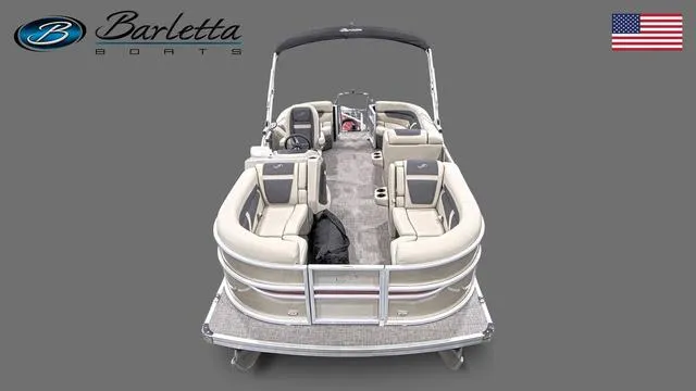 Slide: The Image of 2023 Barletta C20Q pontoon boat with beige seating and black canopy. - 6