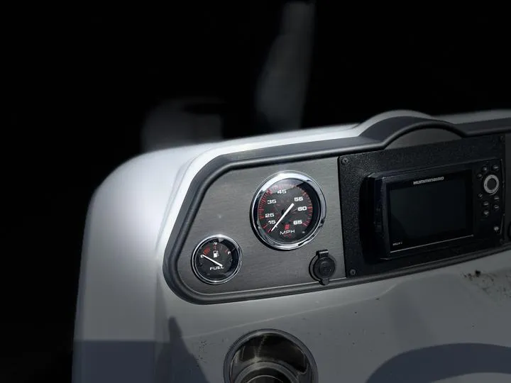 Slide: The Image of Dashboard of 2024 Bentley Pontoons LE 180 3 PT with gauges and display. - 16