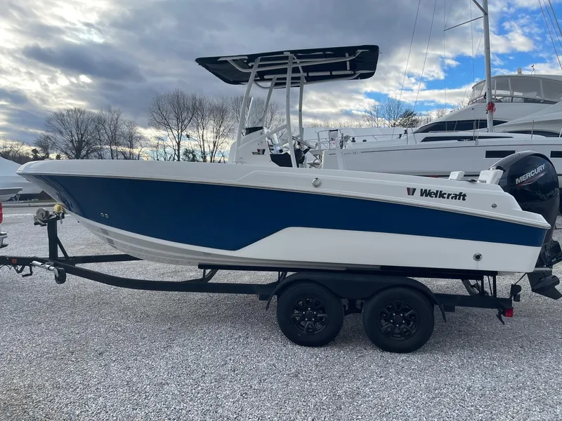 The Image of 2023 Wellcraft 202 Fisherman boat on trailer, blue and white design, parked outdoors. - 0