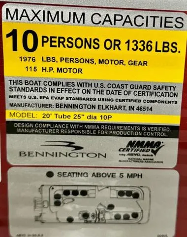 Slide: The Image of 2024 Bennington 20 SVL boat capacity label, 10 persons or 1336 lbs, 115 HP motor - 19
