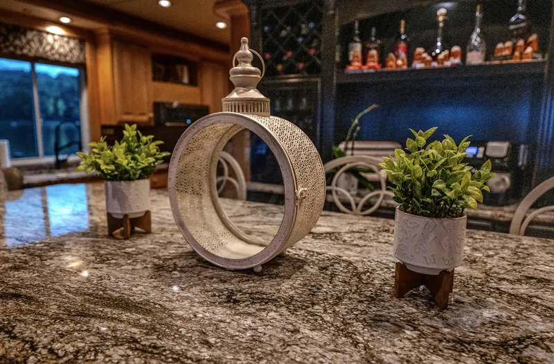 Slide: The Image of Elegant kitchen decor with plants and ornate centerpiece on granite countertop. - 35