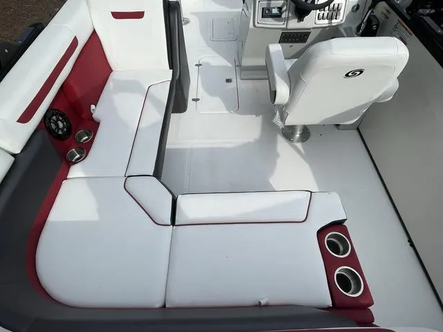 Slide: The Image of 2023 Hurricane FunDeck 1960 REF OB boat interior with white and red seating. - 5