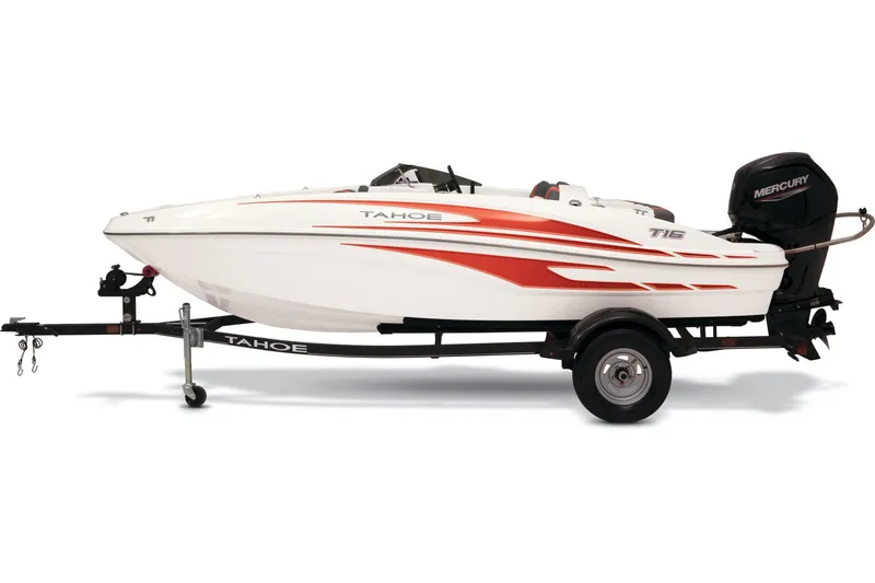 Slide: The Image of 2024 Tahoe T16 boat with red accents on a trailer, parked outdoors. - 3