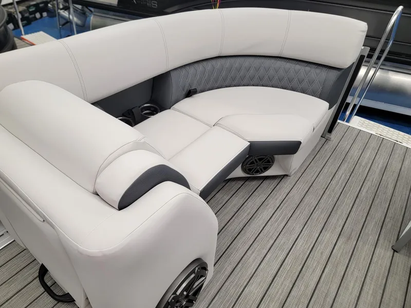 Slide: The Image of 2024 Harris Sunliner 210 boat interior with luxurious seating and modern design. - 27