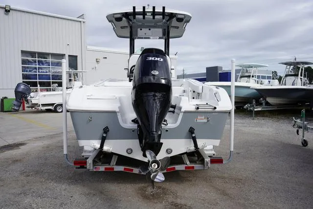 Slide: The Image of 2024 Sea Pro 242 DLX boat with 300 HP engine, rear view at a marina. - 10