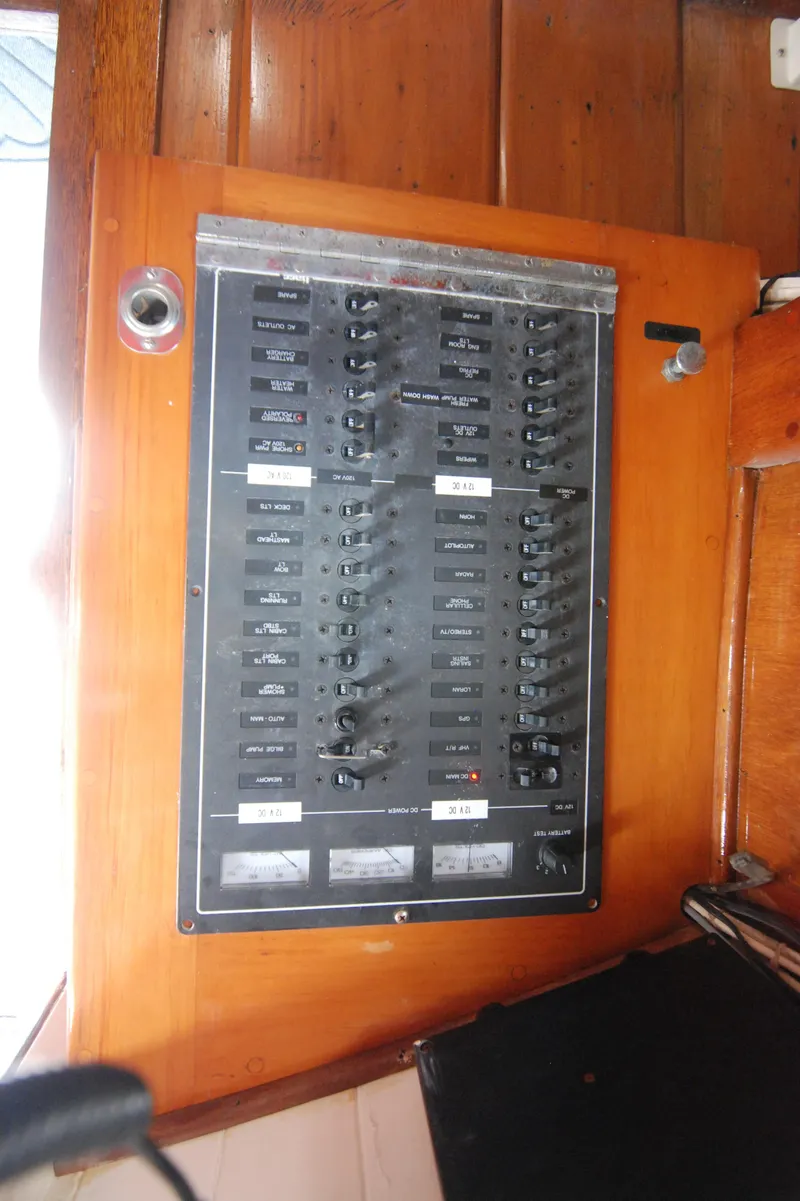 Slide: The Image of Electrical panel on a 1939 Concordia Motorsailer, featuring switches and labels. - 22
