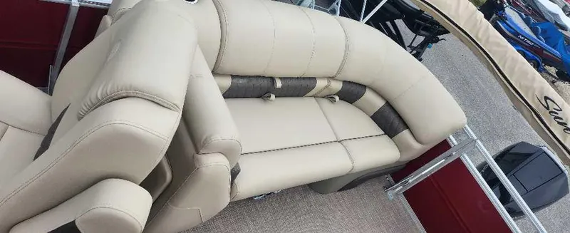 Slide: The Image of 2024 Sun Tracker Party Barge 22 RF XP3 with beige seating and sleek design. - 7