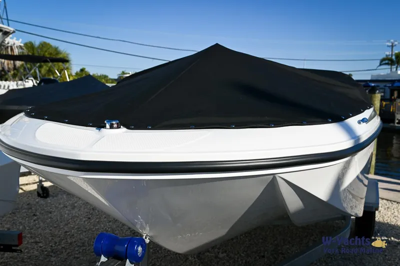 Slide: The Image of 2024 Bayliner M17 boat with black cover on trailer. - 3